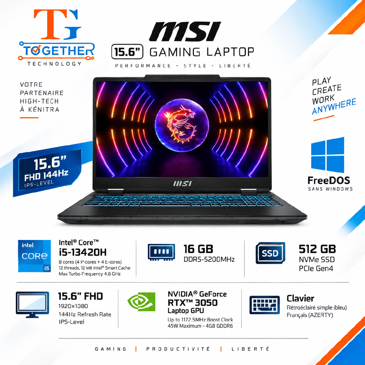 MSI-CYBORG 15 A13UC-2231XMA 15.6 144HZ FHD I5-13420H 16GB/DDR5-512GB SSD GEN 4 RTX3050 FREEDOS